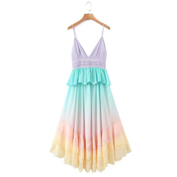 Spring Lace Gradient Cami Dress Ruffled Fitted Waist Backless Maxi Dress