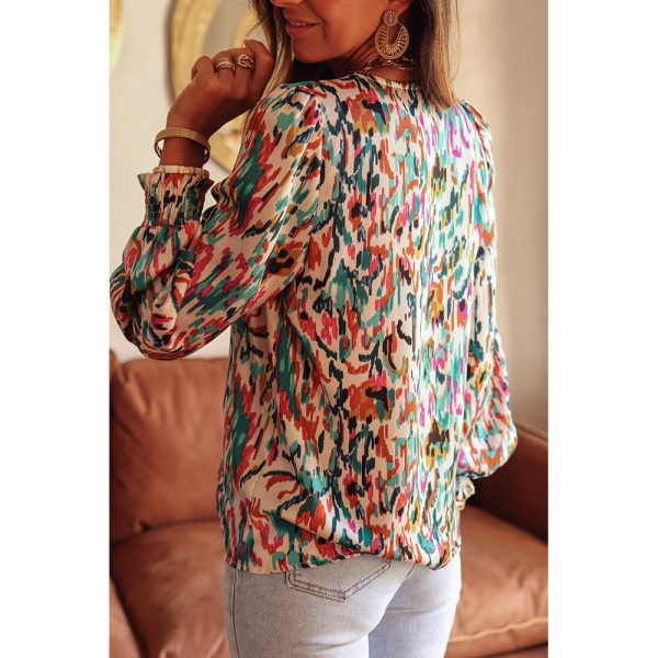 Multi Color V neck Abstract Printing Long Sleeve Pullover Shirt Women