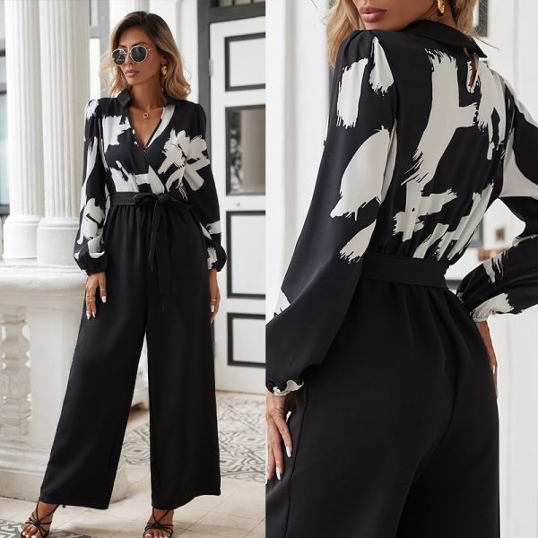 Popular Loose Chiffon Printed Casual Wide Leg Jumpsuit Women Clothing