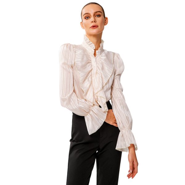 Women Clothing Long Sleeve Stand-up Collar Slim Fit Top Ruffled Buckle Shirt