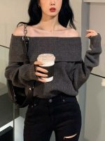 Off Shoulder Knitted Sweater Women Long Sleeve Elegant Pullovers