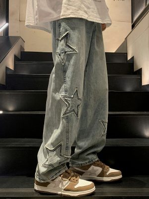 Star Embroidery Straight Casual Men Jeans Gothic Neutral New Wide Leg Loose Hip-hop Fashion