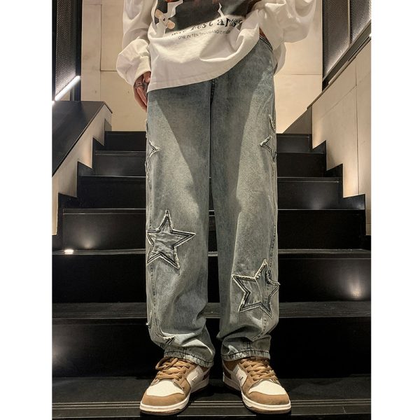 Star Embroidery Straight Casual Men Jeans Gothic Neutral New Wide Leg Loose Hip-hop Fashion