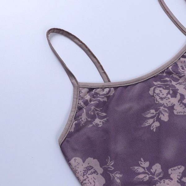Vintage 2000s Floral Pattern Purple Crop Tops Aesthetics Summer Spaghetti Straped Backless