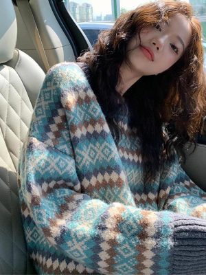 Winter Knit for Women Pullover Top Vintage Long Loose Sweaters Warm Korea Fashion Kawaii