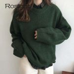 Winter Women Knitted Sweaters Solid Dark Green Long Sleeve Top Soft Warm Pullovers