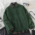 Winter Women Knitted Sweaters Solid Dark Green Long Sleeve Top Soft Warm Pullovers