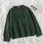 Winter Women Knitted Sweaters Solid Dark Green Long Sleeve Top Soft Warm Pullovers