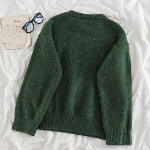 Winter Women Knitted Sweaters Solid Dark Green Long Sleeve Top Soft Warm Pullovers