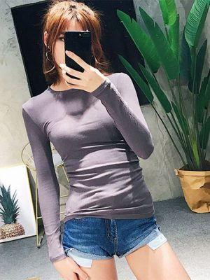 Women Crew Neck Ribbed Long Sleeve Slim Fit T-shirt