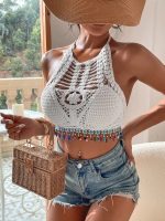 Women Summer Vacation Solid  Crochet Fringe Crop Camis