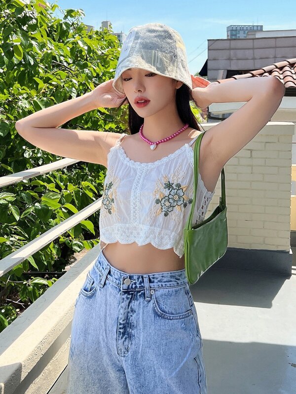 Women Summer Vacation Solid Embroidery Crochet Slim Camis