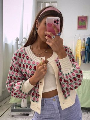 Women Fall Winter Long Sleeve Floral Casual Single Breasted Cardigans