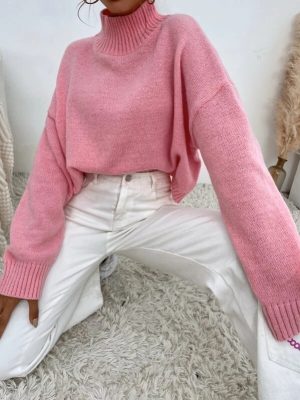 Women Fall Winter Long Sleeve Pink Solid Mock Neck Casual Sweater