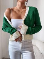 Women Fall Winter Long Sleeve Color Block Short Casual Cardigans