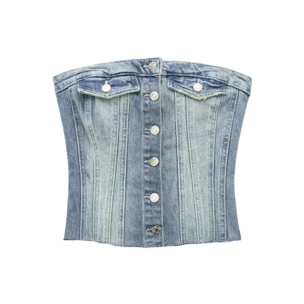Early Autumn Women's Clothing Denim Corset Single Breasted Cropped Small Top