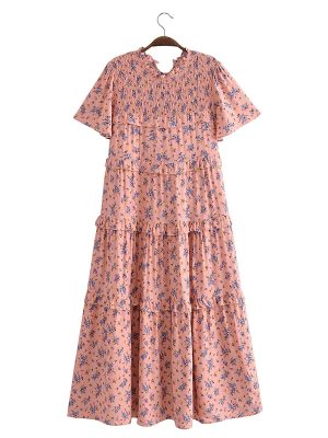 Autumn Women Clothing Printed Lace up Elastic Tiered Dress