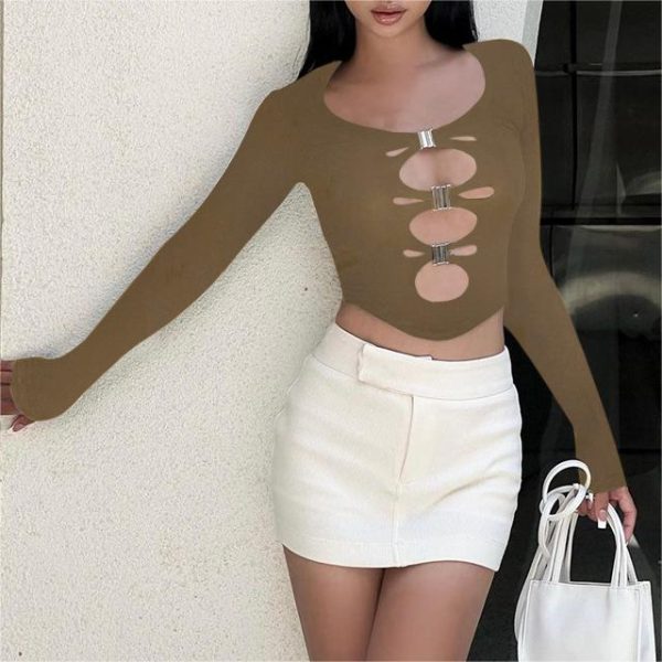 Sexy Cutout Metal Buckle Long Sleeve Slim Fit Top Street Sexy All Match Niche T shirt