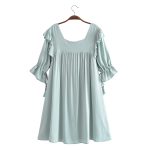 Spring Summer Washed Square Collar Casual Dress Fringed Pleated One Line Collar Medium Dress