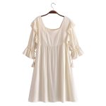 Spring Summer Washed Square Collar Casual Dress Fringed Pleated One Line Collar Medium Dress