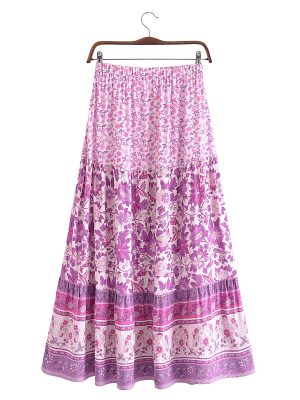 Autumn Urban Casual Women Printed Elastic Waist Loose Maxi Dress Skirt