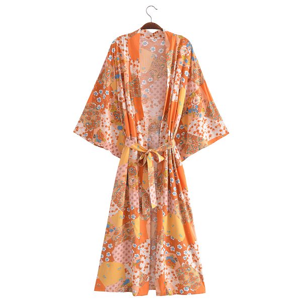 Spring Women Print Loose Lace up Kimono Robe