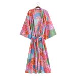 Spring Women Print Loose Lace up Kimono Robe