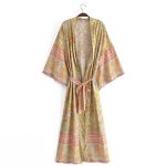 Spring Women Rayon Positioning Floral Belt Long Kimono Cardigan