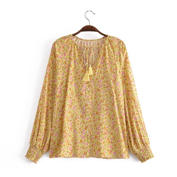 F00173713 Spring Summer Pastoral Yellow Printings V neck Lace up Sleeve Shirt Women