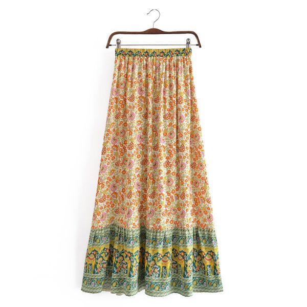 Bohemian Vacation Rayon Positioning Printing Tassel Tied Elastic Waist Big Hem Skirt Beach Dress
