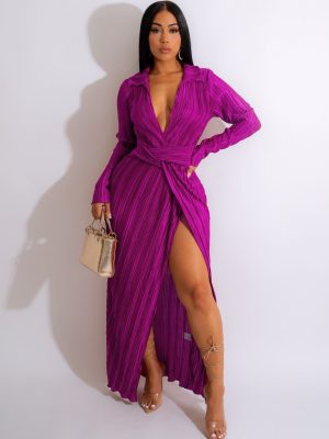 Sexy Slit Dress Autumn Winter V neck Long Sleeve Pleated Dress