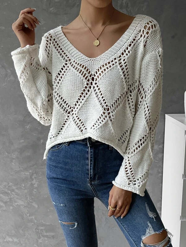 Women  Spring and Summer V neck Hollow Long sleeve Sweater