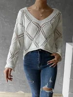 Women  Spring and Summer V neck Hollow Long sleeve Sweater