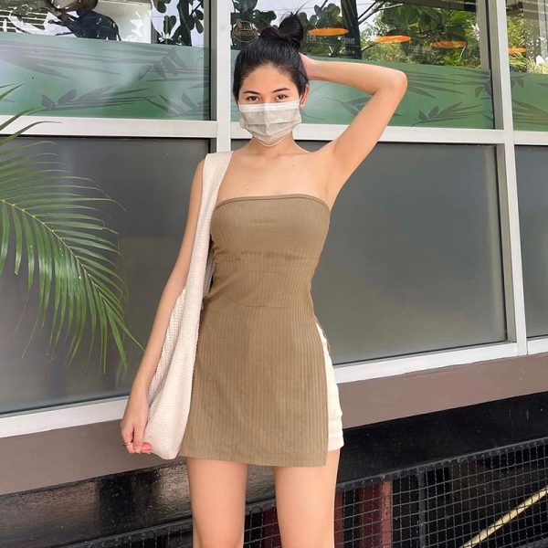 Sexy Casual Solid Color Tube Top Short Dress Sexy Waist Trimming Slimming Slit Hip Dress