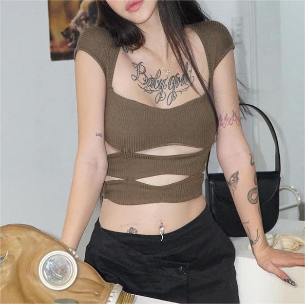 Sexy Hollowed  Short Sleeved Top Sexy Slim Fit Chest Exposed Cropped Solid Color Street T shirt for Women