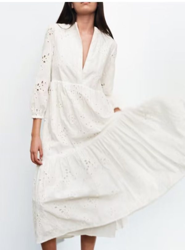 Spring Women White Long Sleeve Embroidery Hollow Out Cutout Dress