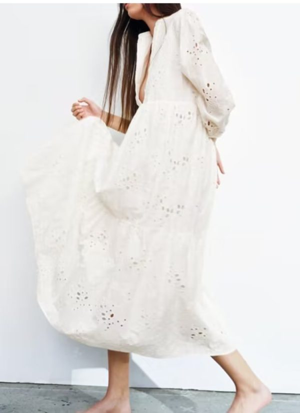 Spring Women White Long Sleeve Embroidery Hollow Out Cutout Dress