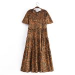 Summer Women Printed Elastic Tiered Dress Short Sleeve Dress Mid Length