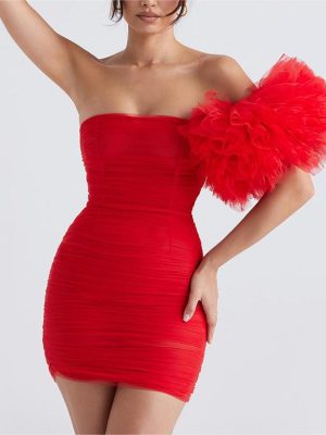 Women Clothing Mesh Pleats Skinny Hip Sexy Puff Sleeve Red Tube Top Dress Women Christmas Clothing