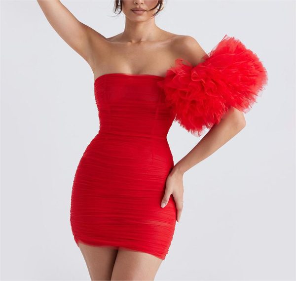 Women Clothing Mesh Pleats Skinny Hip Sexy Puff Sleeve Red Tube Top Dress Women Christmas Clothing