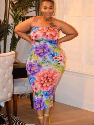 Plus Size Summer Wrapped Chest Floral Print Slim-Fit Sexy  Women One-Step Dress
