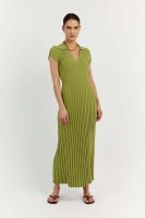 Spring Summer Knitted Dress Casual Waist Tight Collared V Neck Sunken Stripe Slimming Knitted Maxi Dress Women