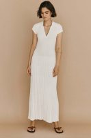 Spring Summer Knitted Dress Casual Waist Tight Collared V Neck Sunken Stripe Slimming Knitted Maxi Dress Women