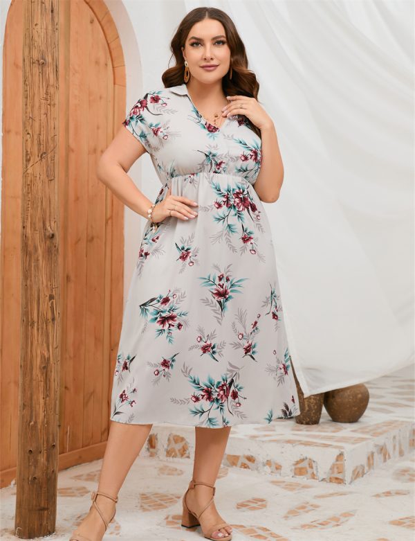 Plus Size Summer Dress Collar Short Sleeve Side Split Mid length Shirt Dress