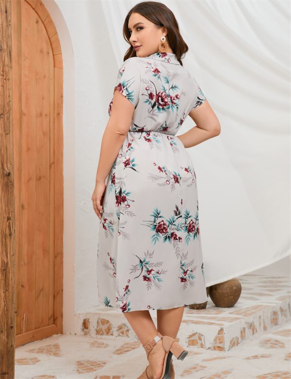 Plus Size Summer Dress Collar Short Sleeve Side Split Mid length Shirt Dress