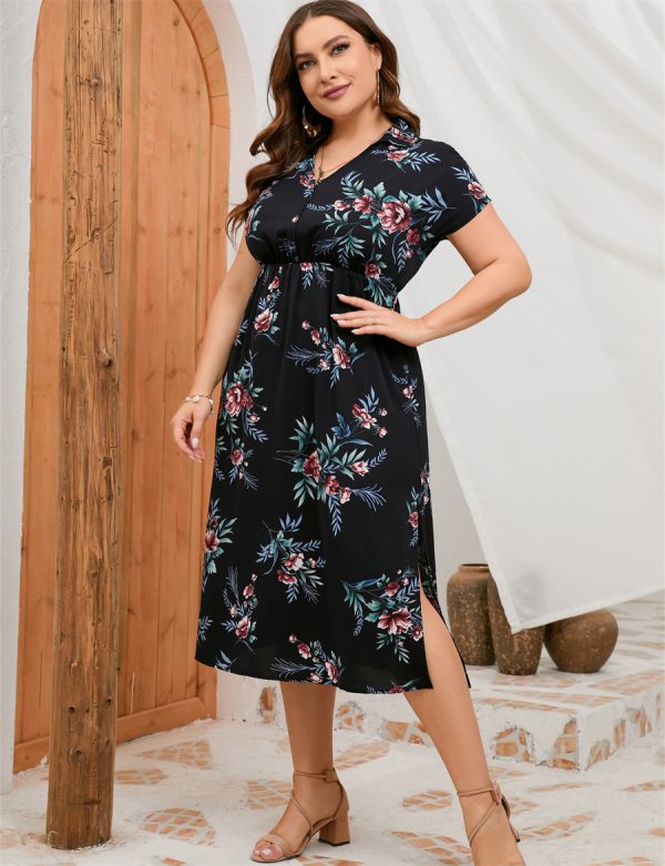 Plus Size Summer Dress Collar Short Sleeve Side Split Mid length Shirt Dress