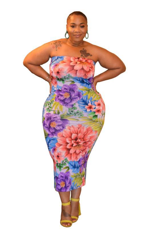 Plus Size Summer Wrapped Chest Floral Print Slim-Fit Sexy  Women One-Step Dress