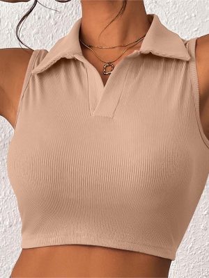 Summer V Shaped Collared Vertical Sunken Stripe Slim Fit Sweater Sleeveless Top Sexy Sweet Spicy Cropped T