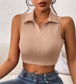 Summer V Shaped Collared Vertical Sunken Stripe Slim Fit Sweater Sleeveless Top Sexy Sweet Spicy Cropped T