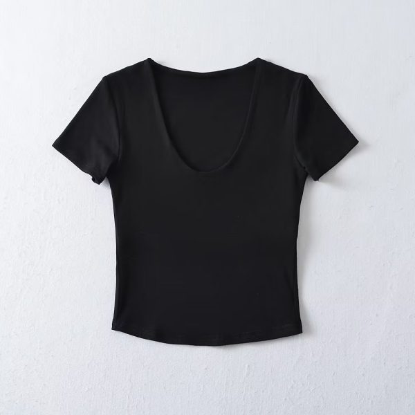 Solid Color V neck Tight Short Sleeved T shirt Women Summer Sexy Cropped Slim Fit Crop-Top